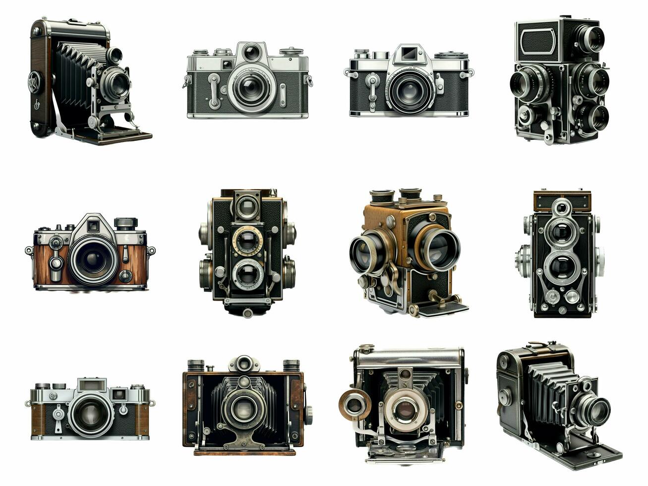 Vintage camera collection isolated on white background with AI generated. photo