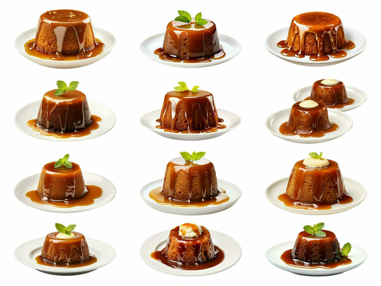 Sticky toffee pudding collection isolated on white background with AI generated. photo