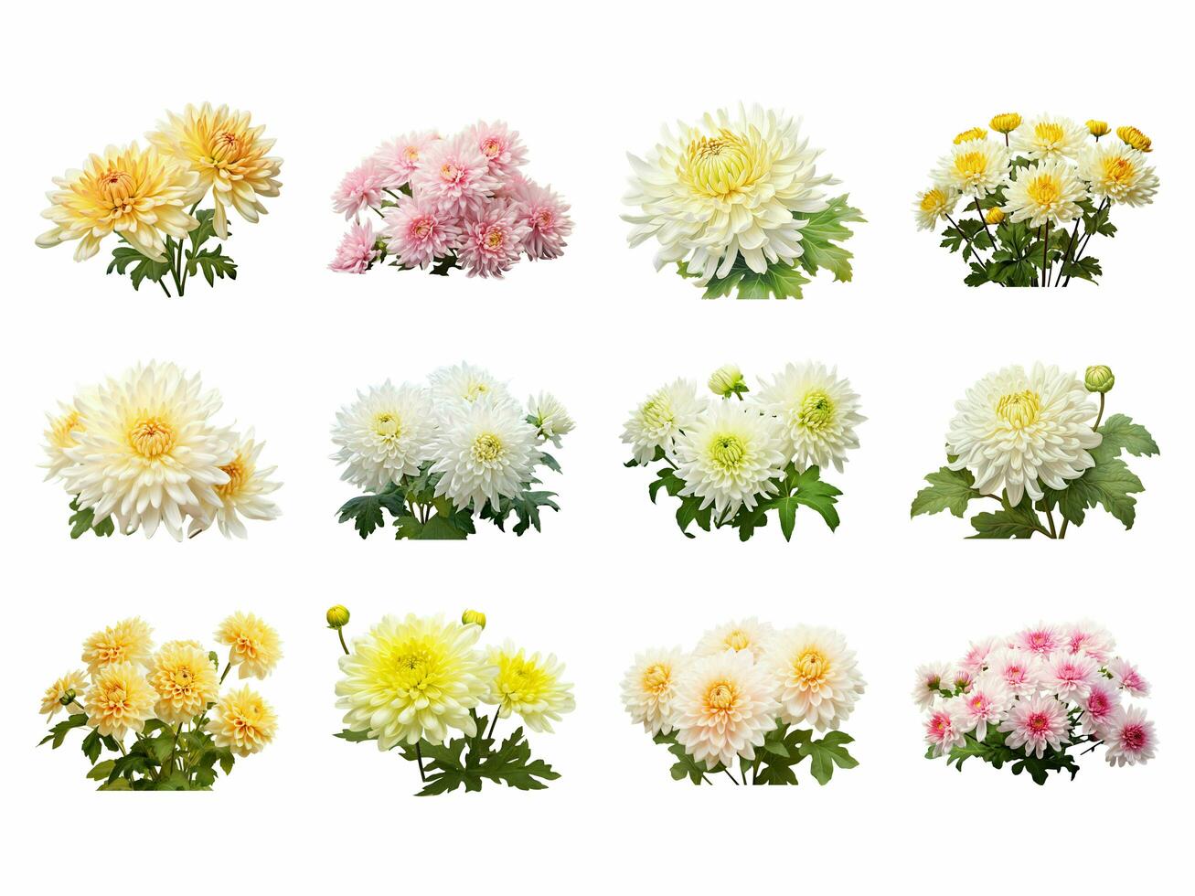 Chrysanthemum collection isolated on white background with AI generated. photo