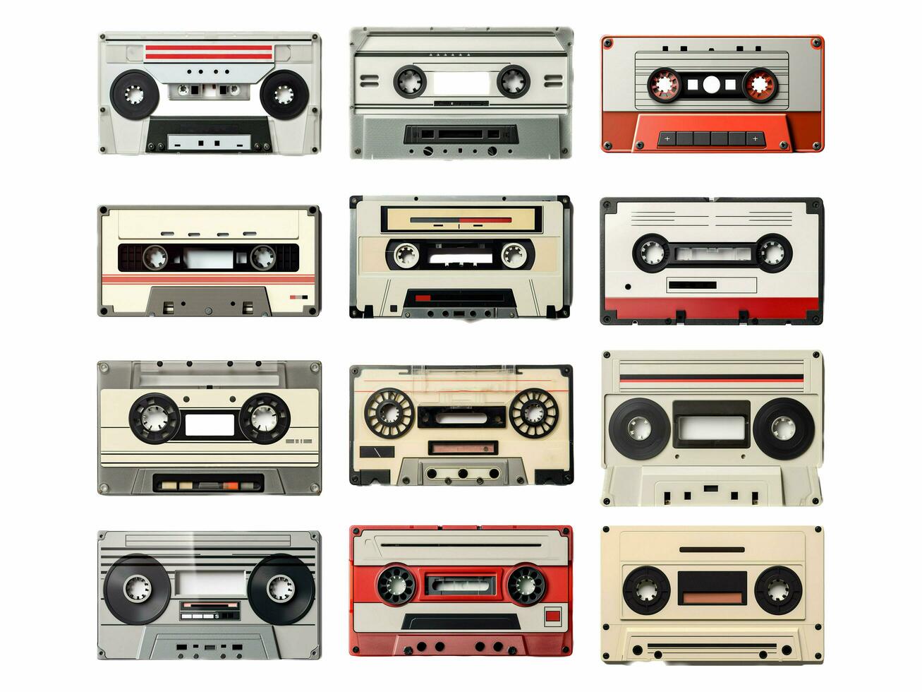 cassette tape collection isolated on white background with AI generated. photo