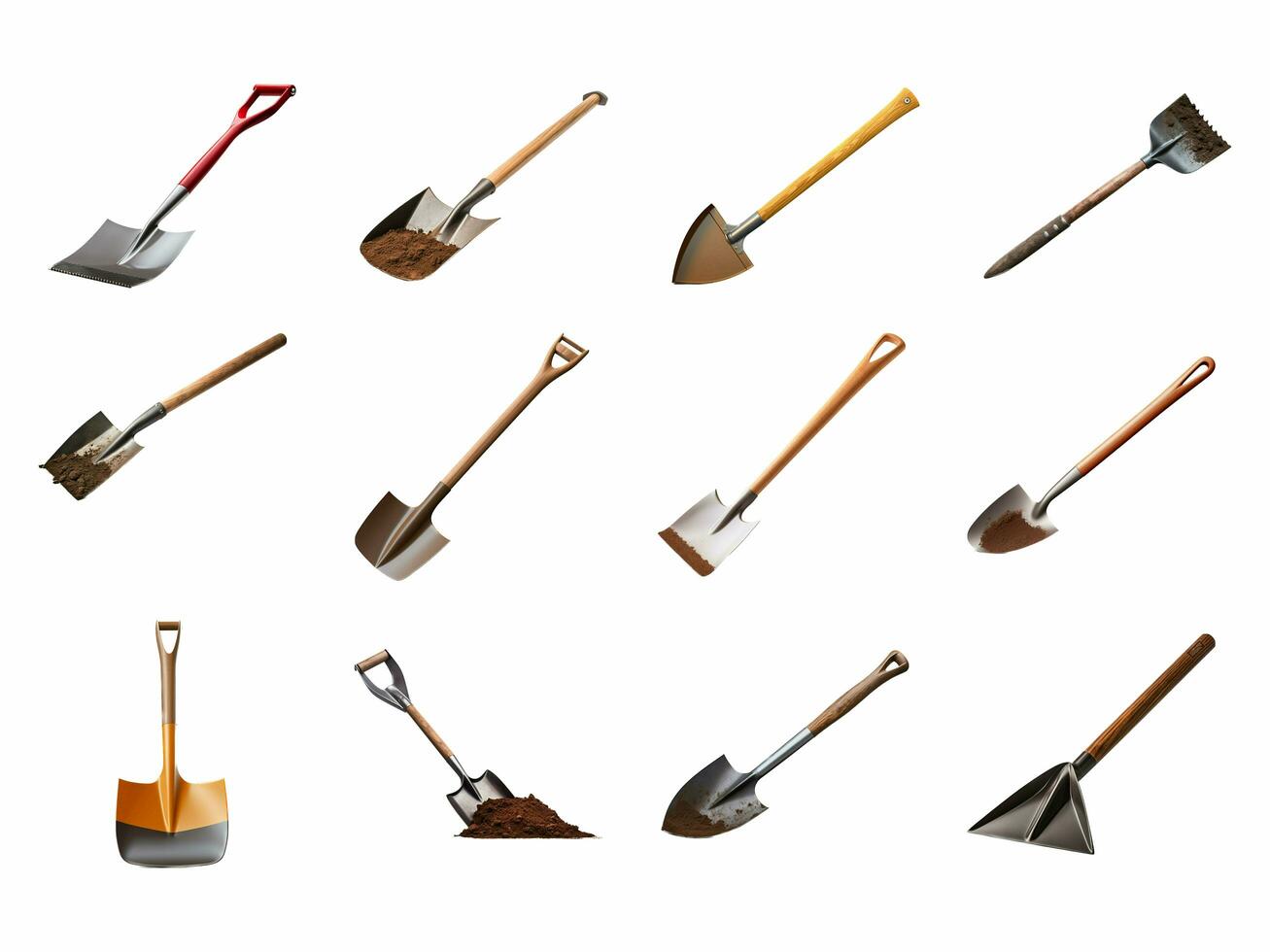 Shovel collection isolated on white background with AI generated. photo