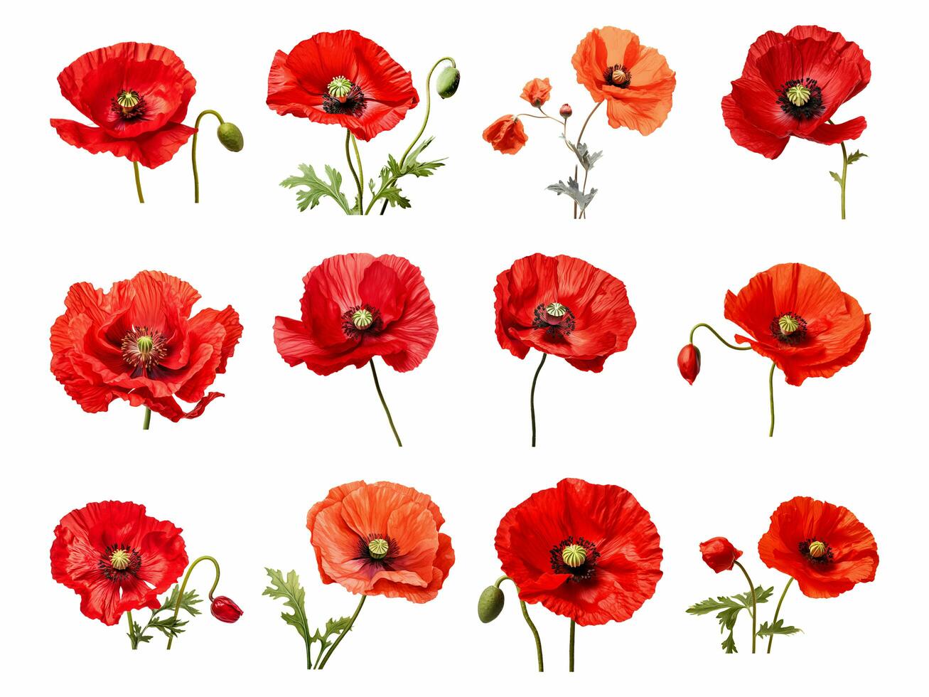 Poppy collection isolated on white background with AI generated. photo
