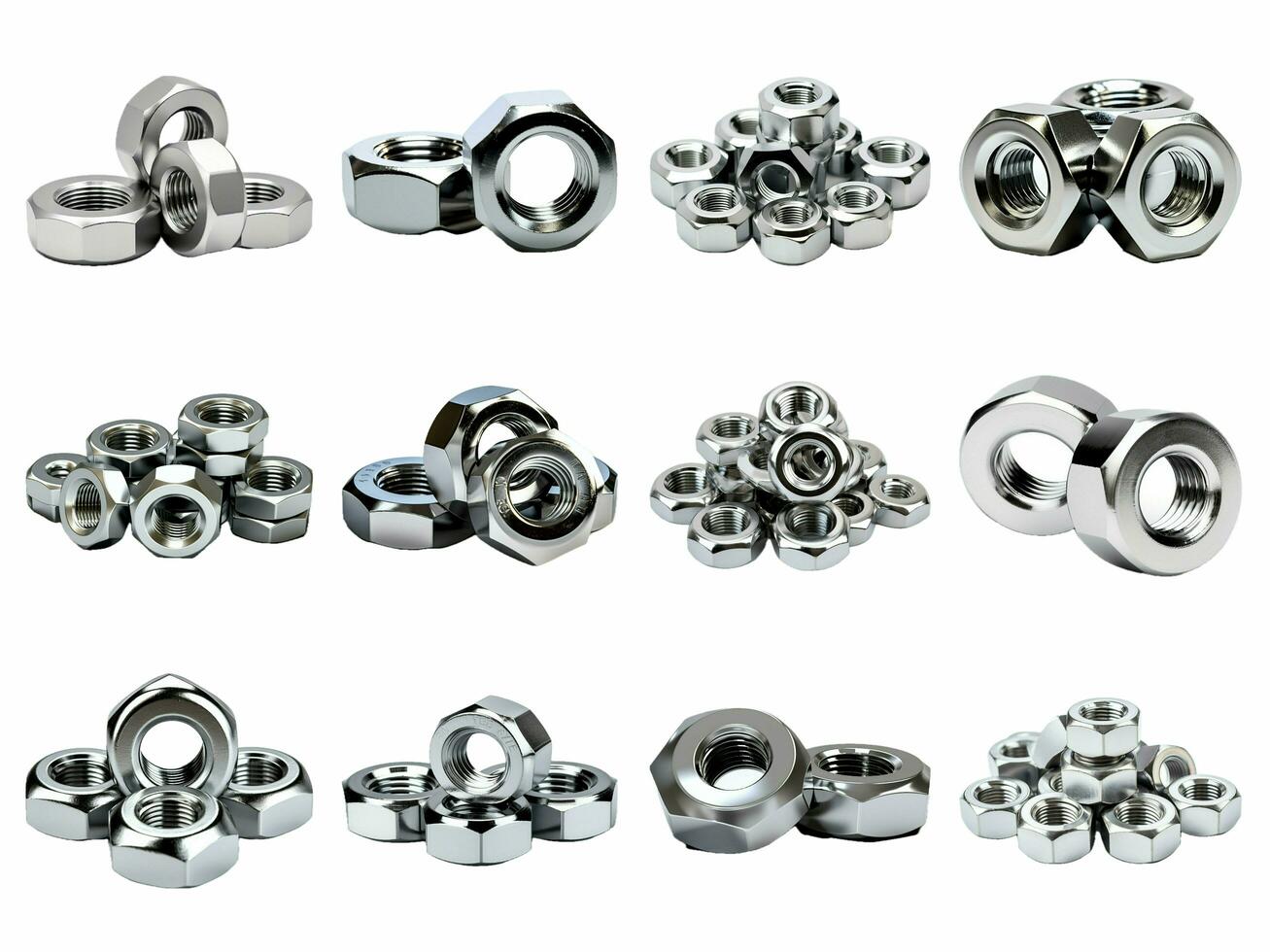 metal nuts collection isolated on white background with AI generated. photo