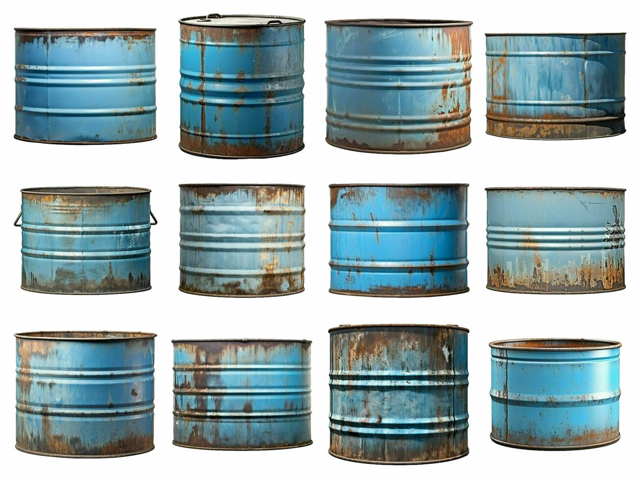 old rusty blue steel barrel collection isolated on white background with AI generated. photo