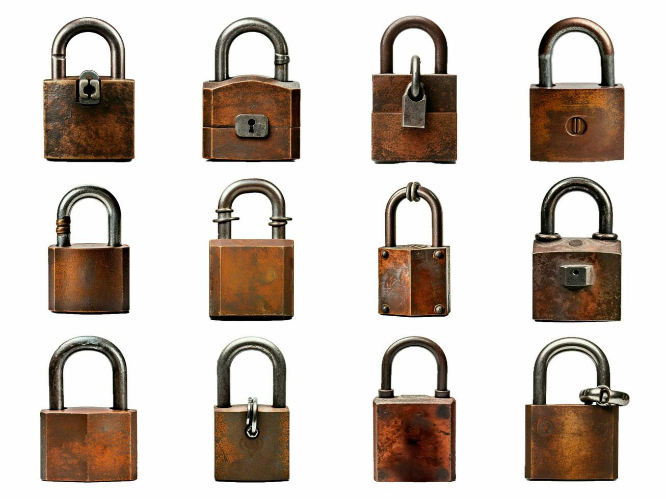 Rusty old padlock collection isolated on white background with AI generated. photo