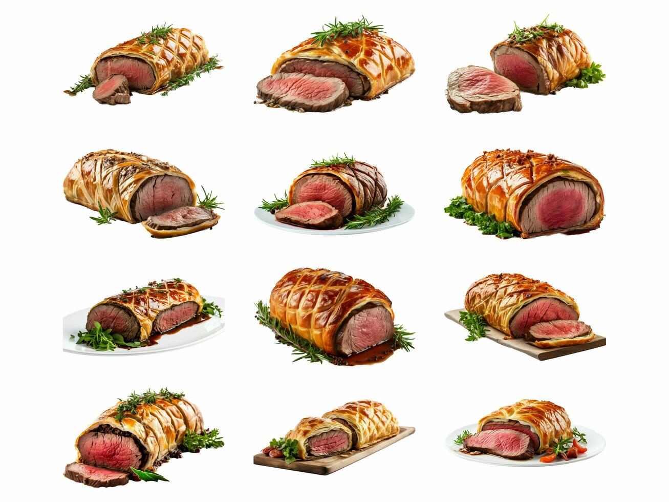 beef wellington collection isolated on white background with AI generated. photo