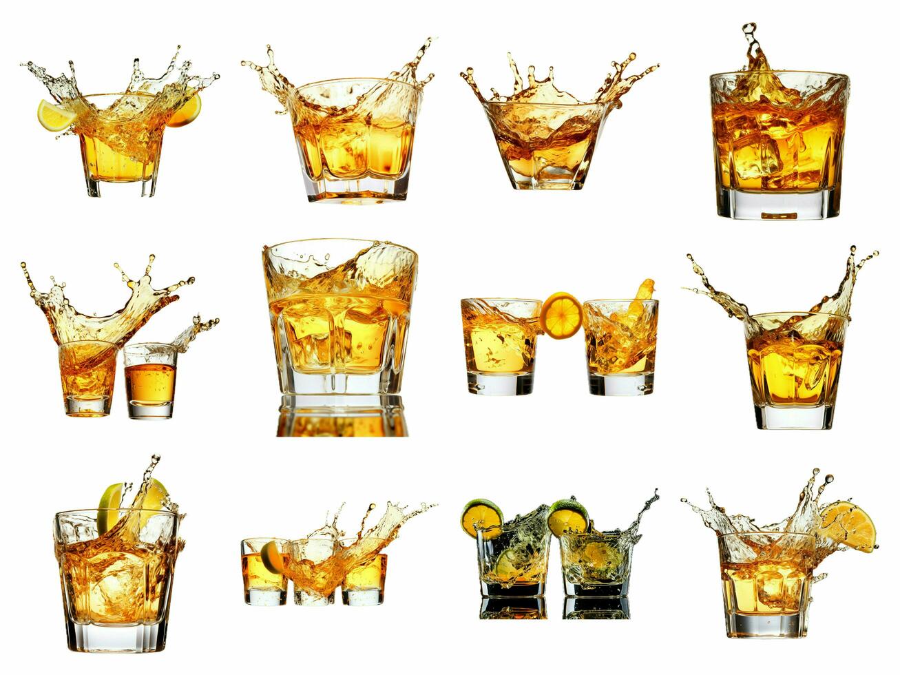 Shot glass tequila making with splash collection isolated on white background with AI generated. photo