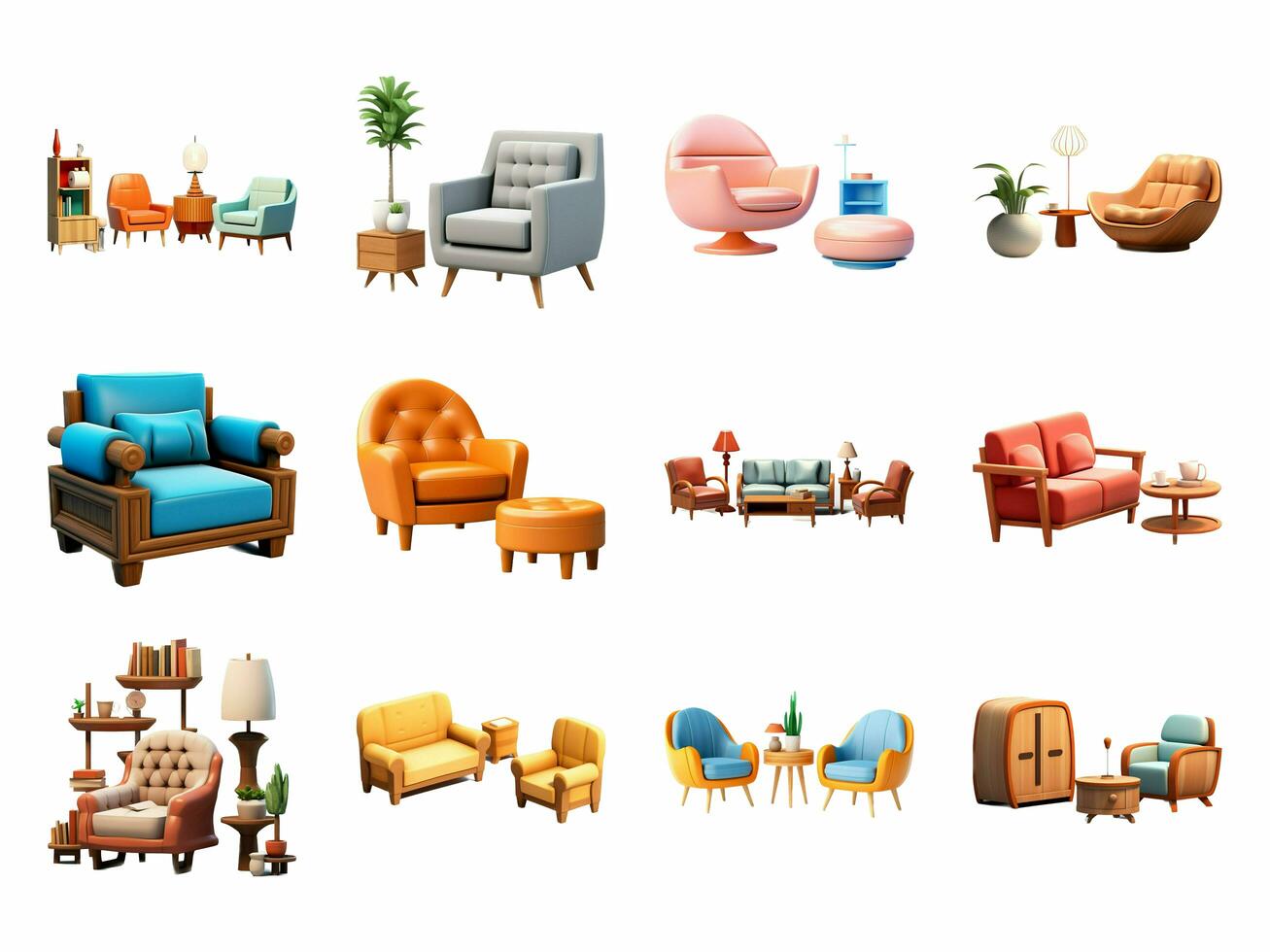 Furniture collection isolated on white background with AI generated. photo