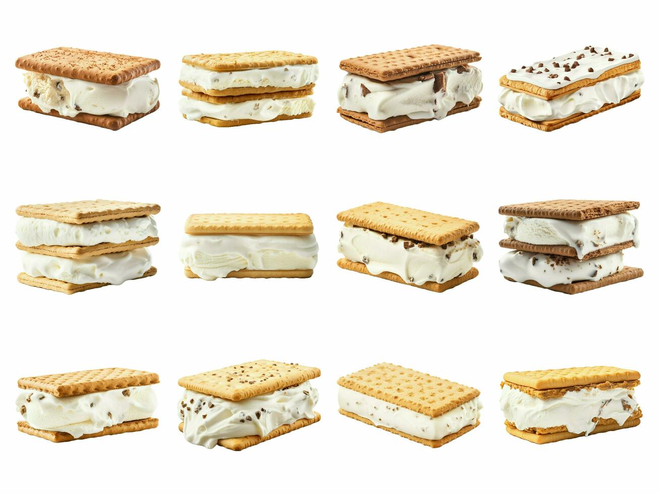 Vanilla ice cream sandwich collection isolated on white background with AI generated. photo