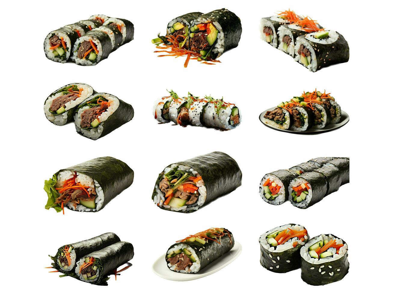 Kimbap collection isolated on white background with AI generated. photo