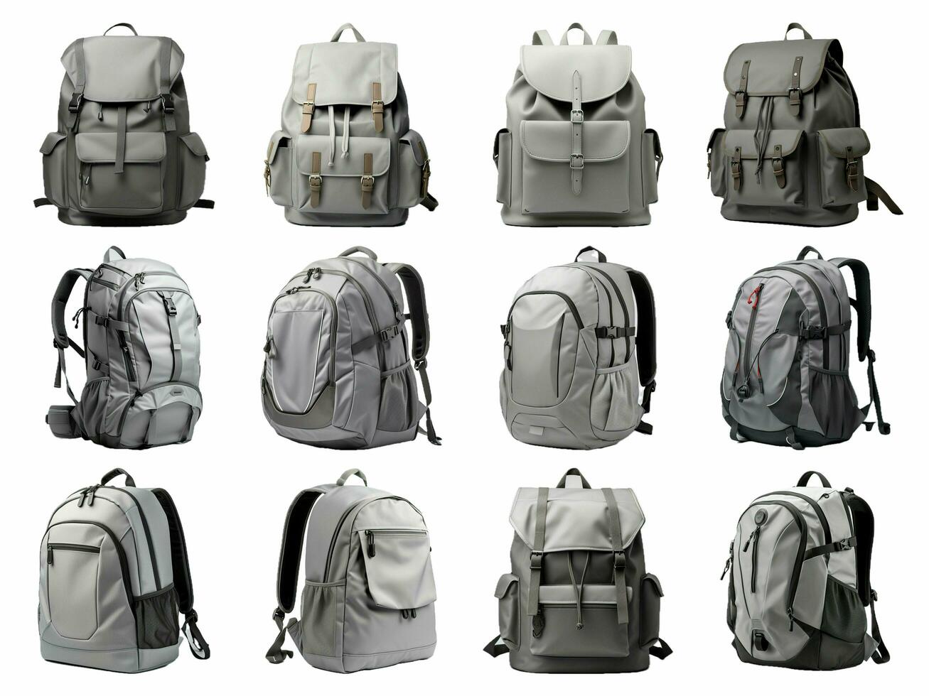 Gray backpack collection isolated on white background with AI generated. photo