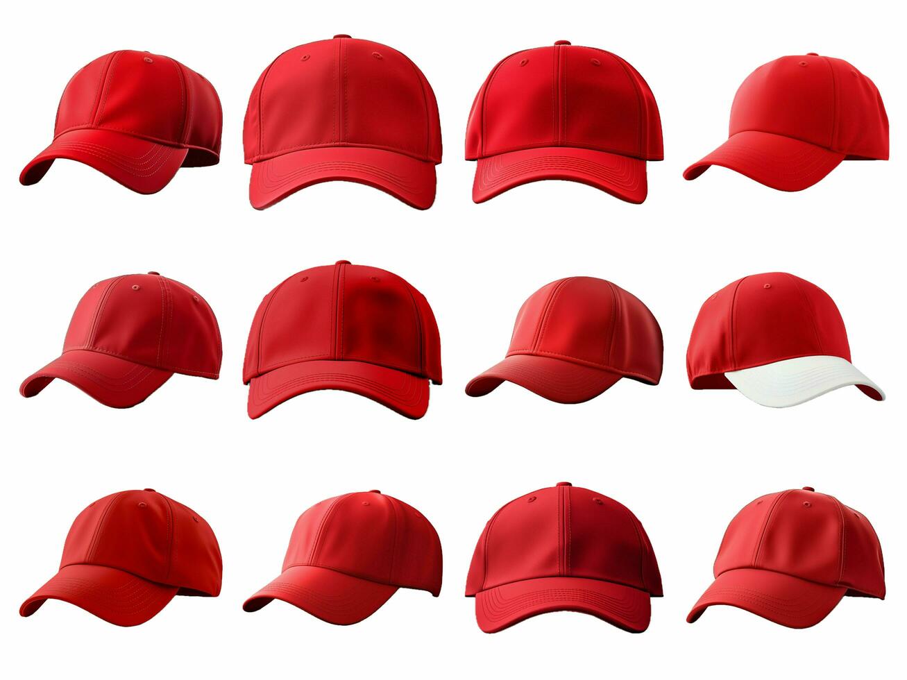 Red baseball cap collection isolated on white background with AI generated. photo