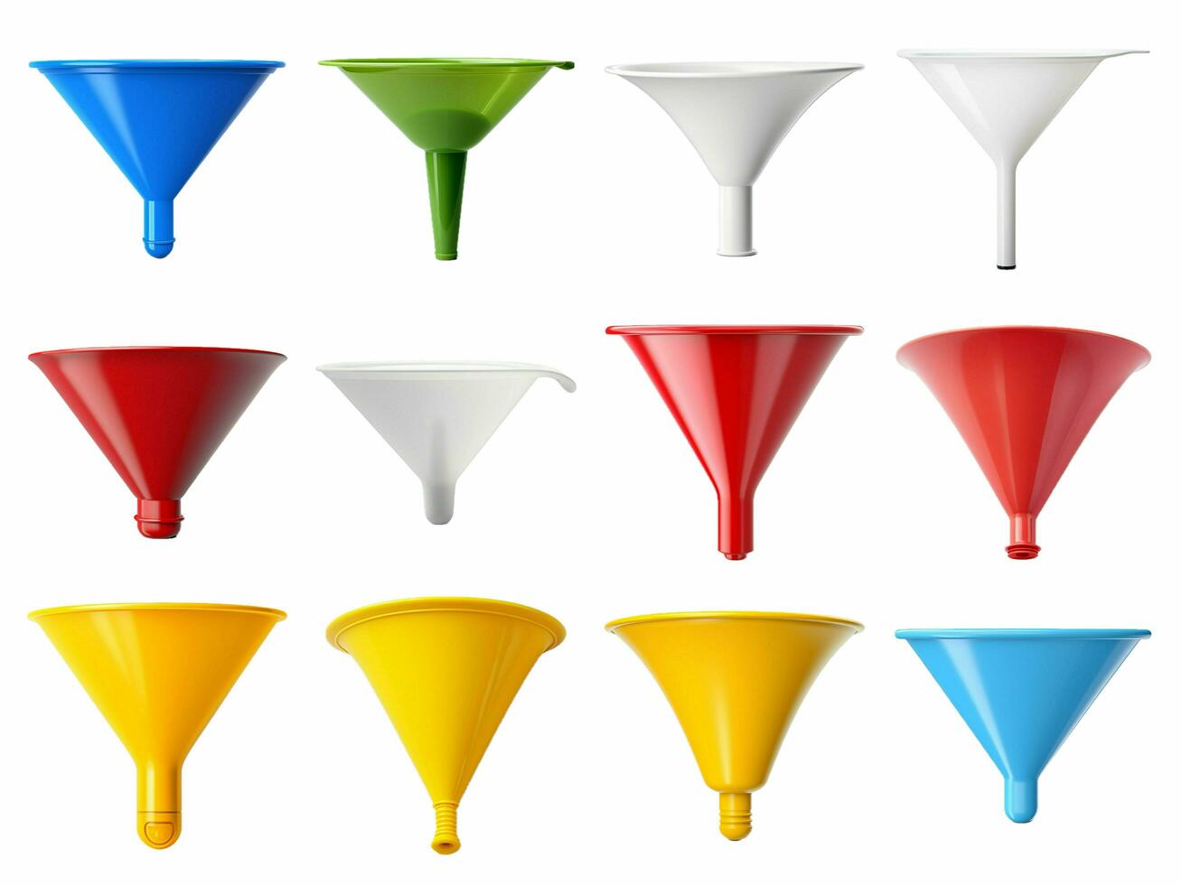 Plastic funnel collection isolated on white background with AI generated. photo