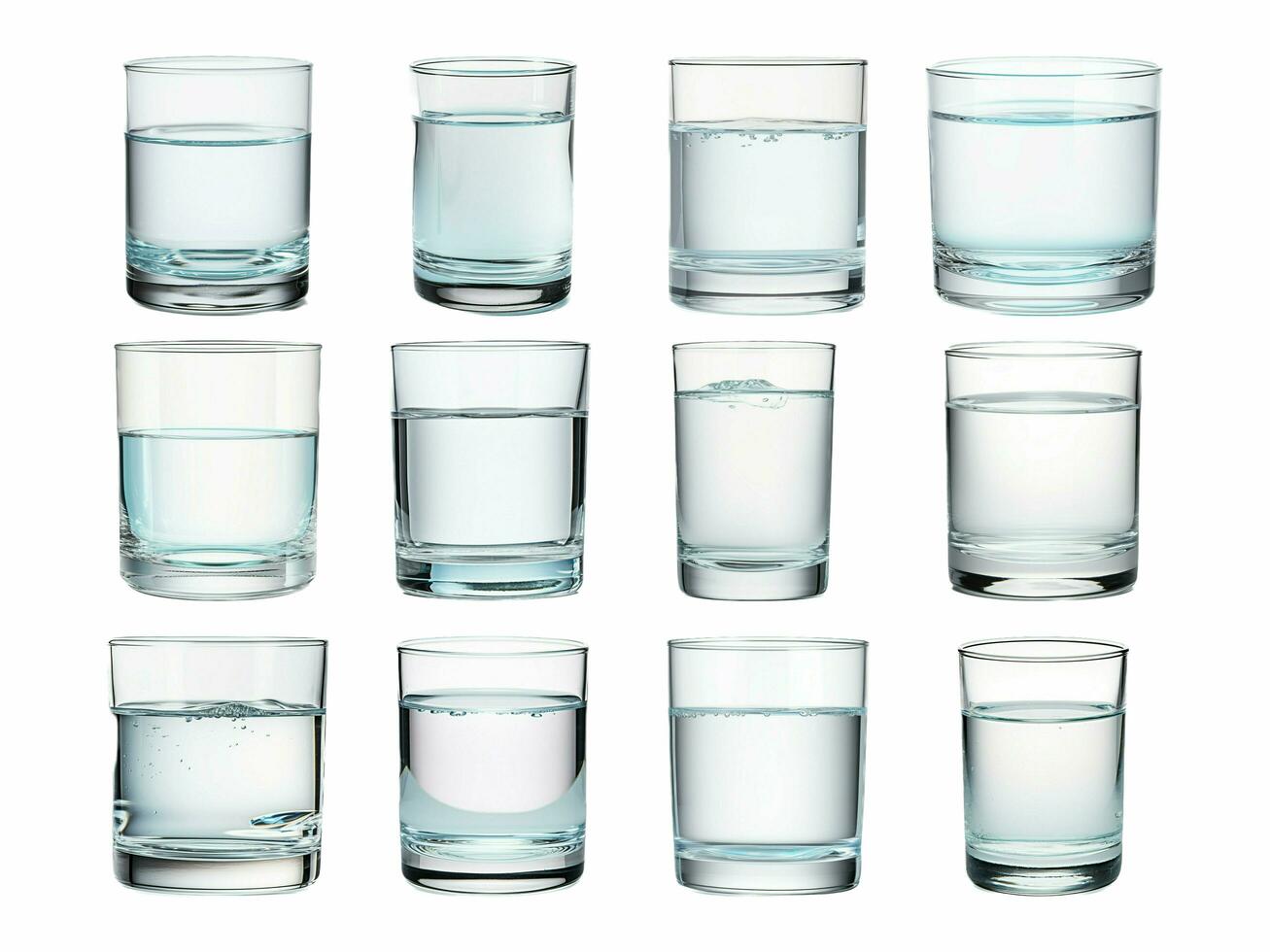 Glass of water collection isolated on white background with AI generated. photo