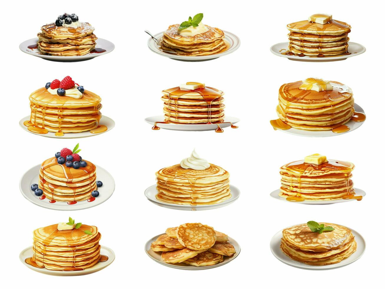 Pancake collection isolated on white background with AI generated. photo