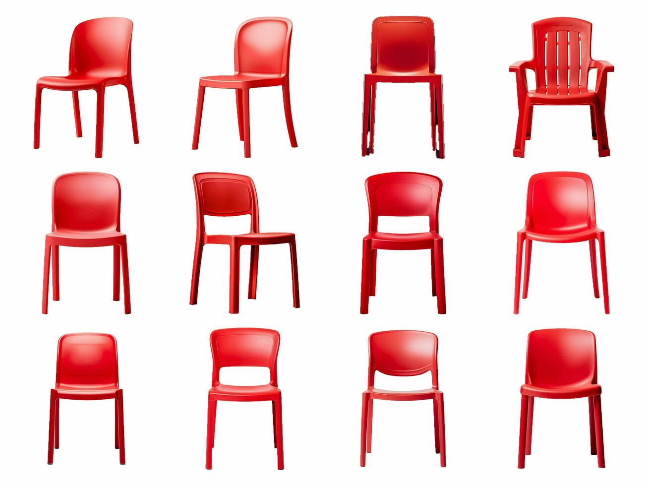 Red plastic chair collection isolated on white background with AI generated. photo