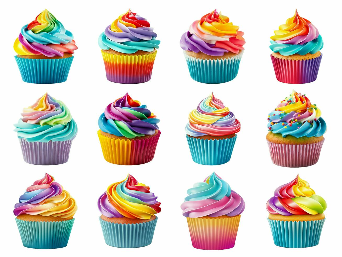 Rainbow cupcake collection isolated on white background with AI generated. photo