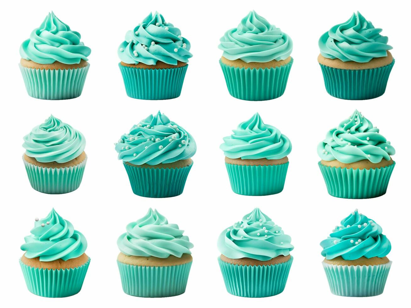 Turquoise cupcake collection isolated on white background with AI generated. photo