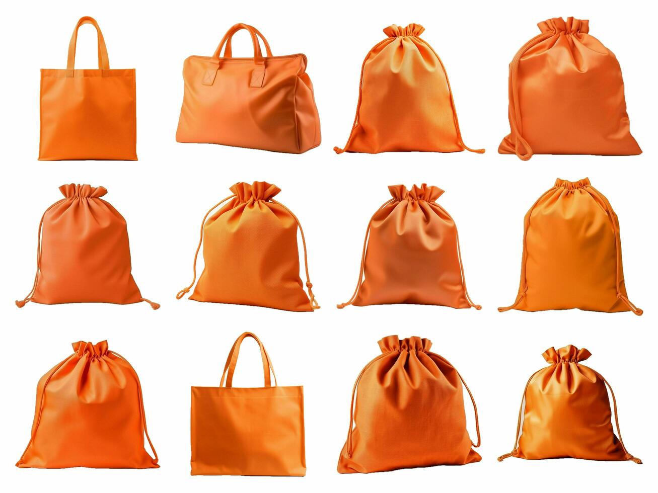 Orange fabric bag collection isolated on white background with AI generated. photo