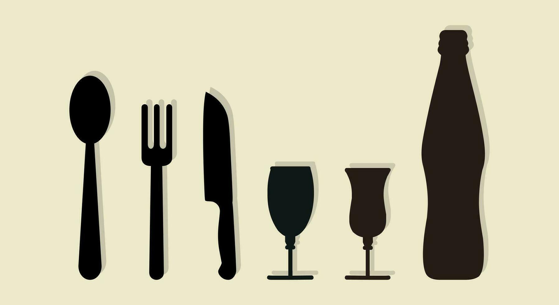 Wine bottle alcohol with wine glass symbol and cutlery spoon knife vector illustration.