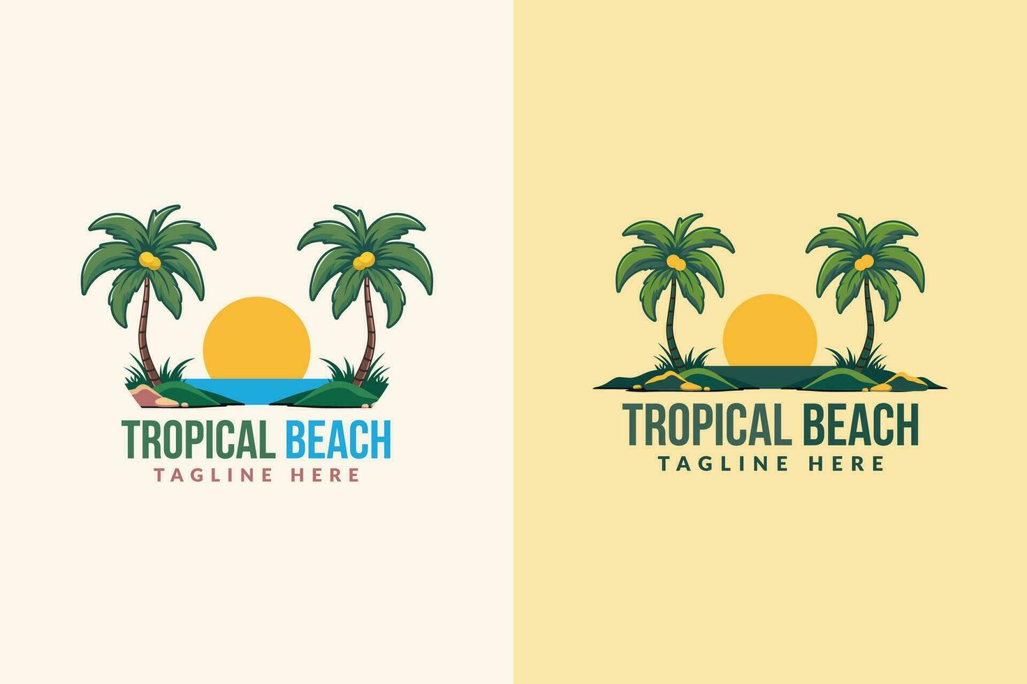 Tropical paradise emblem with two palm trees and sunset logo template vector illustration