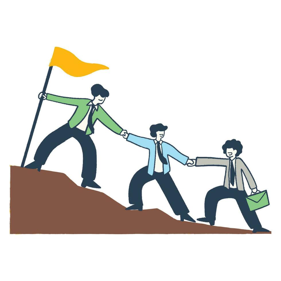 Vector illustration Success of business concept. Partnership of business. Group of businessperson on the mountaintop.