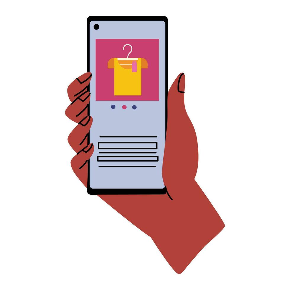 Vector mobile shopping concept. The girl's hand with a manicure holds a smartphone with an open application for online shopping. Add shirt to cart. Buying things from online stores.