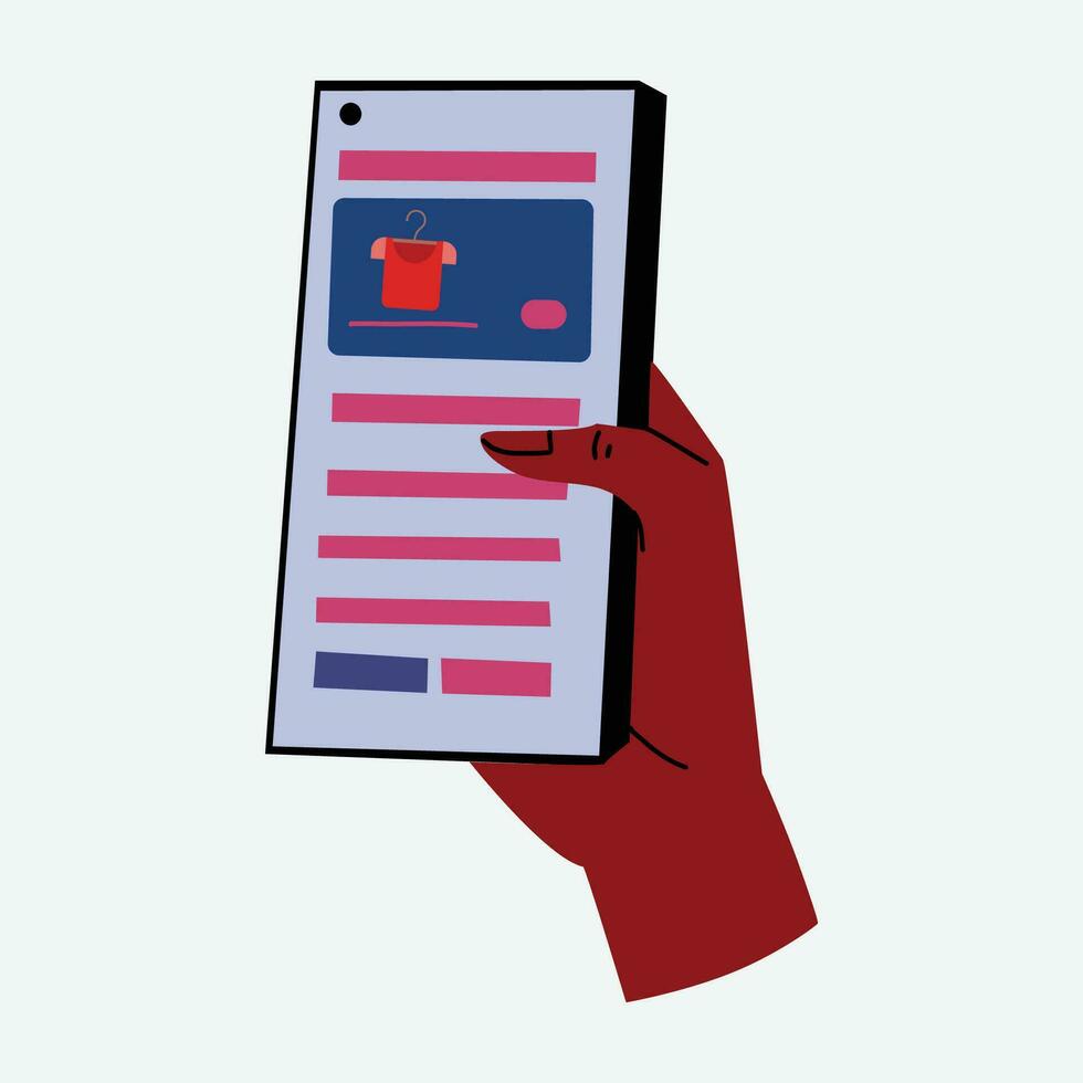 Hand holding smartphone with a  on the screen. shopping cart. online shopping concept. vector illustration.