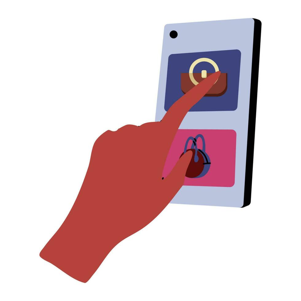Hand holding smartphone with a  on the screen. shopping cart. online shopping concept. vector illustration.