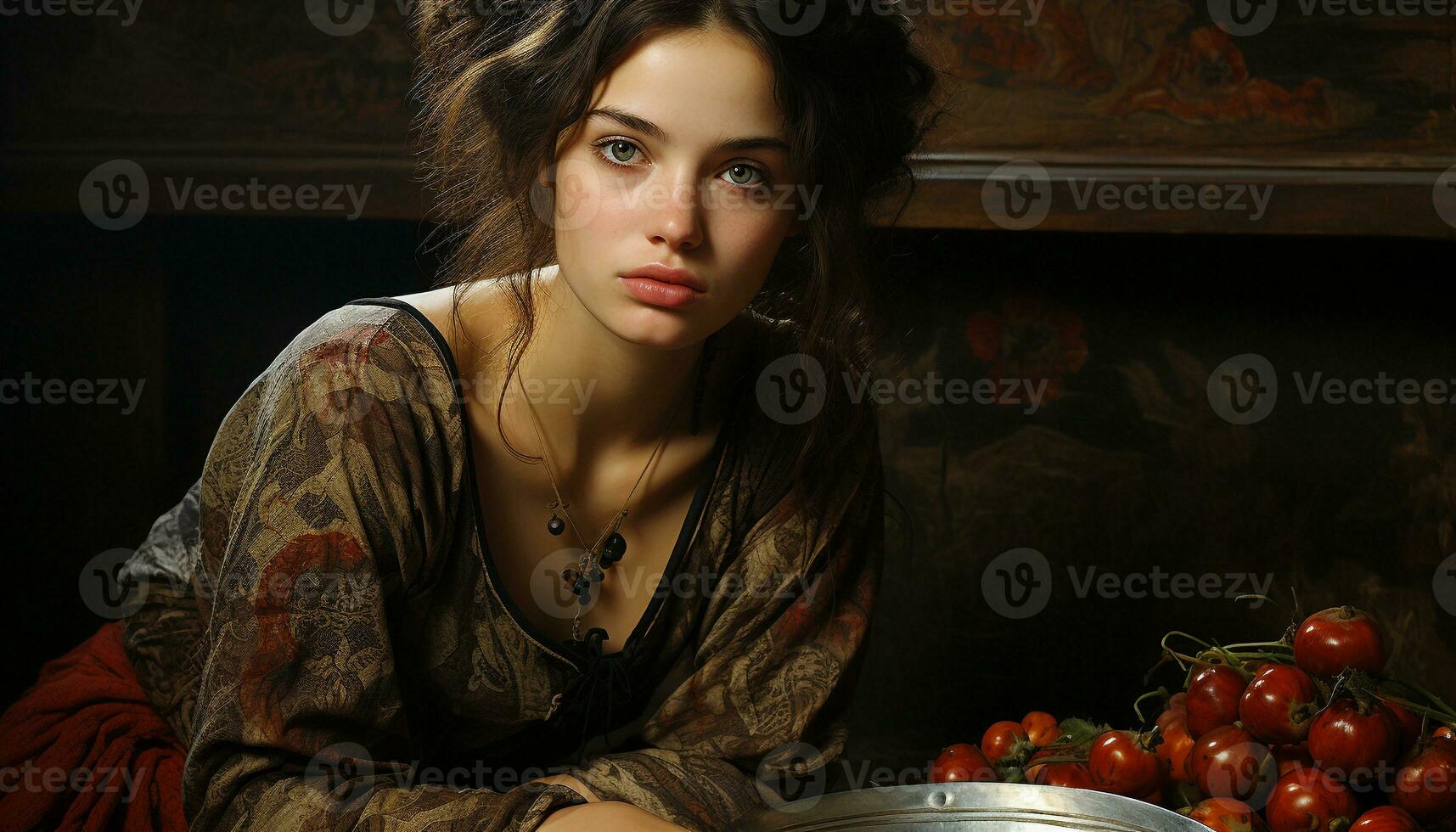AI generated Young woman sitting on bench, smiling, enjoying autumn evening generated by AI photo