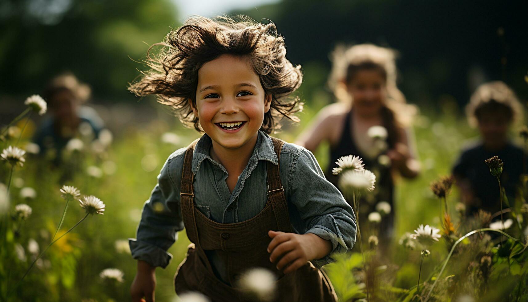 ai generado sonriente niño al aire libre, felicidad en naturaleza, verano alegre infancia generado por ai foto