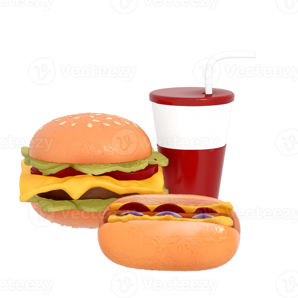 fast food menu 3d clipart, set of classic cheeseburgers with cheese hotdogs and soft drinks png