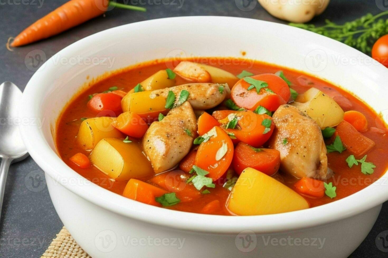 AI generated chicken stew with tomatoes, onions, carrot and potatoes. Pro Photo