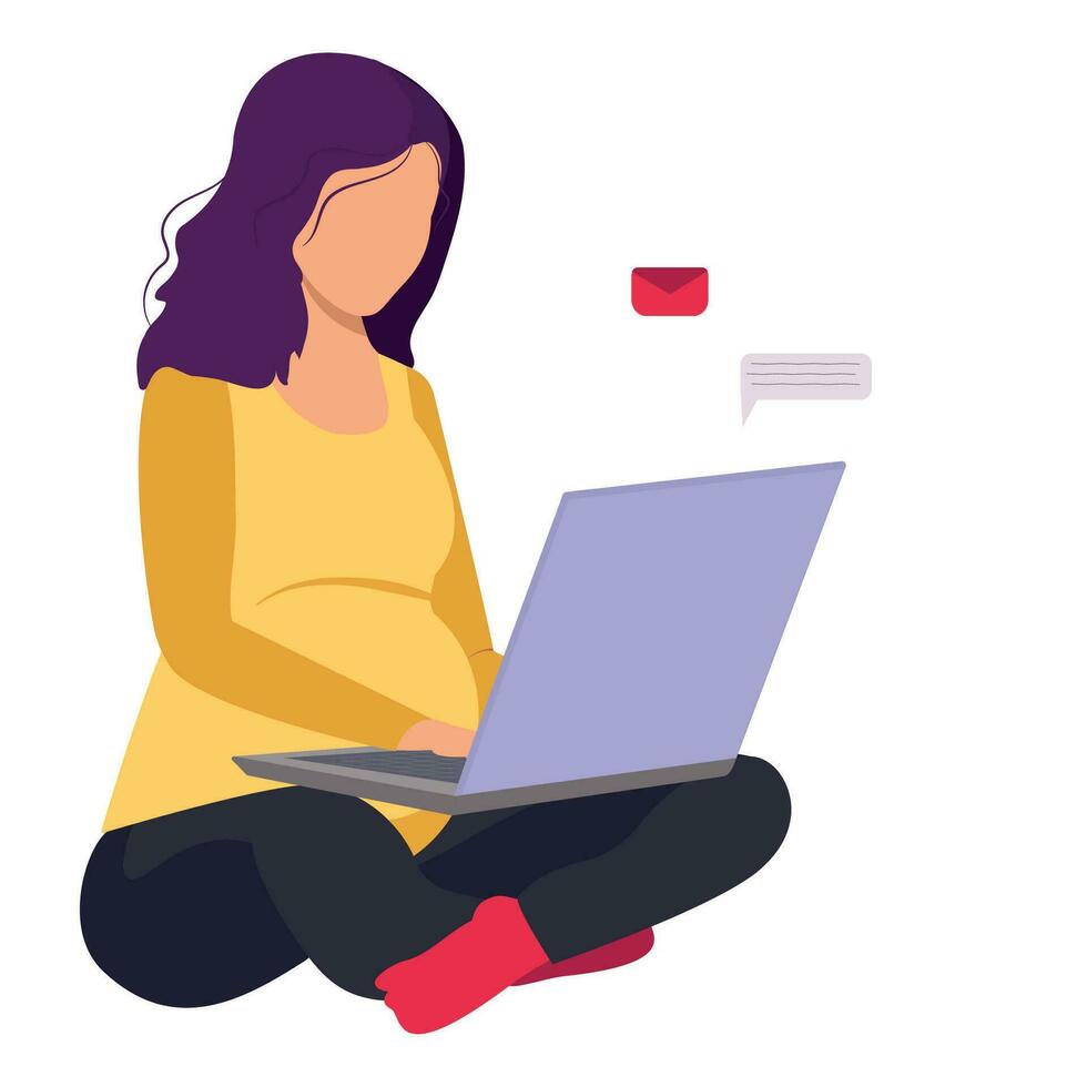 Pregnant woman sitting with her laptop. The concept of freelancing or studying while pregnant. Cute illustration of a young girl in a faceless style. vector