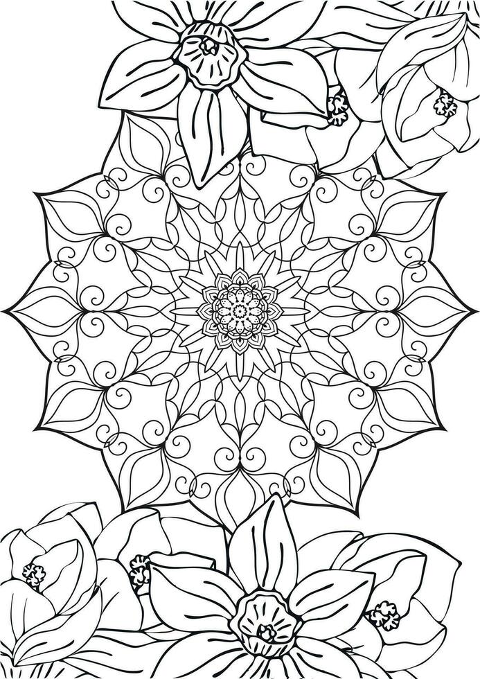 Circular lace mandala and spring flowers isolated on white background. Outline of daffodil flowers and circular flower pattern for coloring page. vector