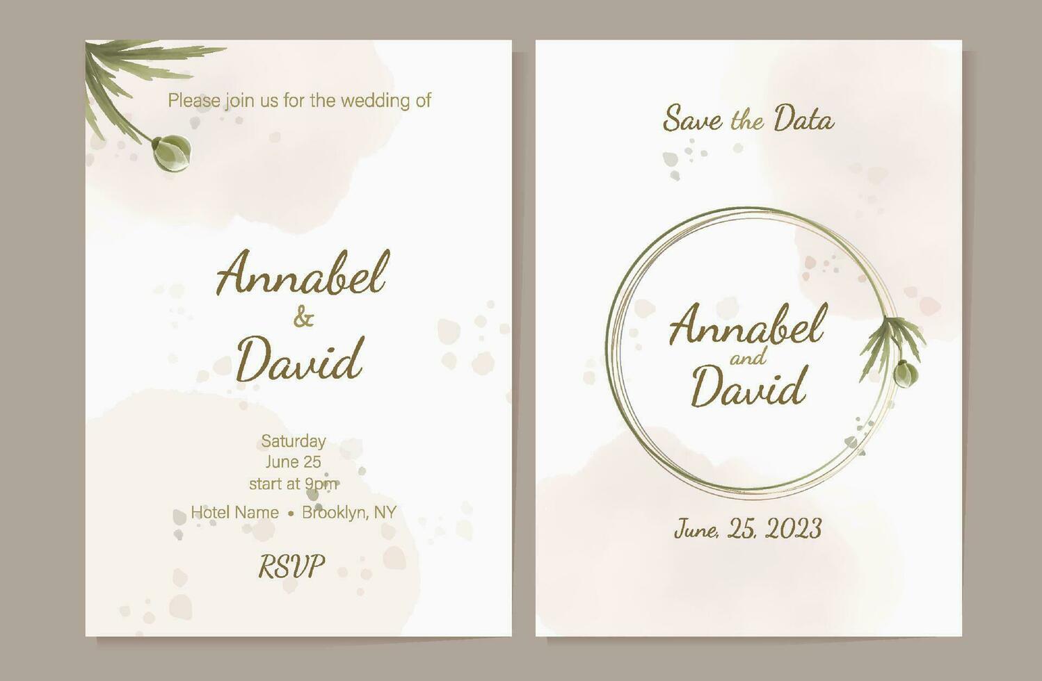 Set of templates in soft beige and pink tones watercolor wedding invitation cards. Abstract minimalist background, invitation, greeting card, multipurpose vector with watercolor spots and splatters.