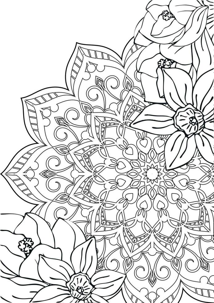 Anti-stress coloring book for adults. Circular drawing of mandala and daffodil flowers isolated on white background. Outline of spring flowers on circular abstract lace pattern. vector