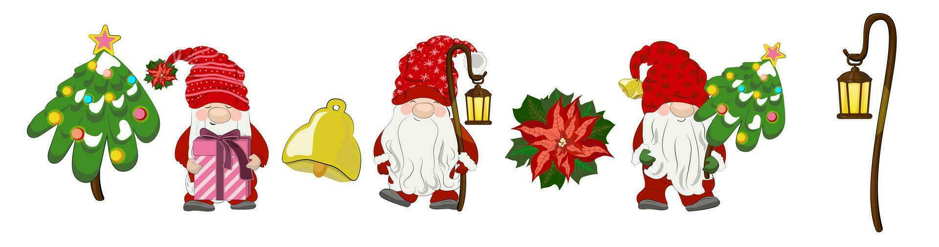 Collection of Christmas gnomes with festive decor elements. vector