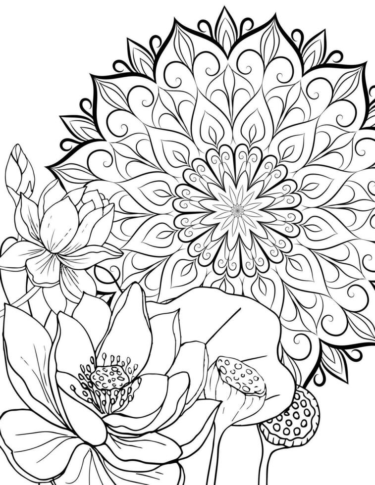 Lotus flowers on the background of Mandala pattern. Page for coloring book. Black outline of plants and round oriental ornament isolated on white background. vector