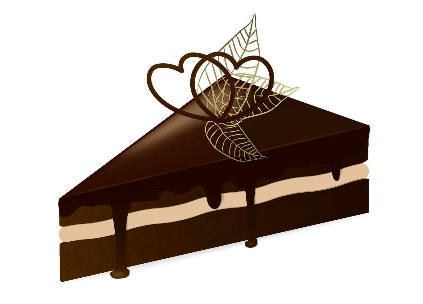 A slice of chocolate frosted cake decorated with chocolate hearts and sugar leaves Isolated cake. Vector dessert on white background. Cream and biscuit. Birthday confectionery food.