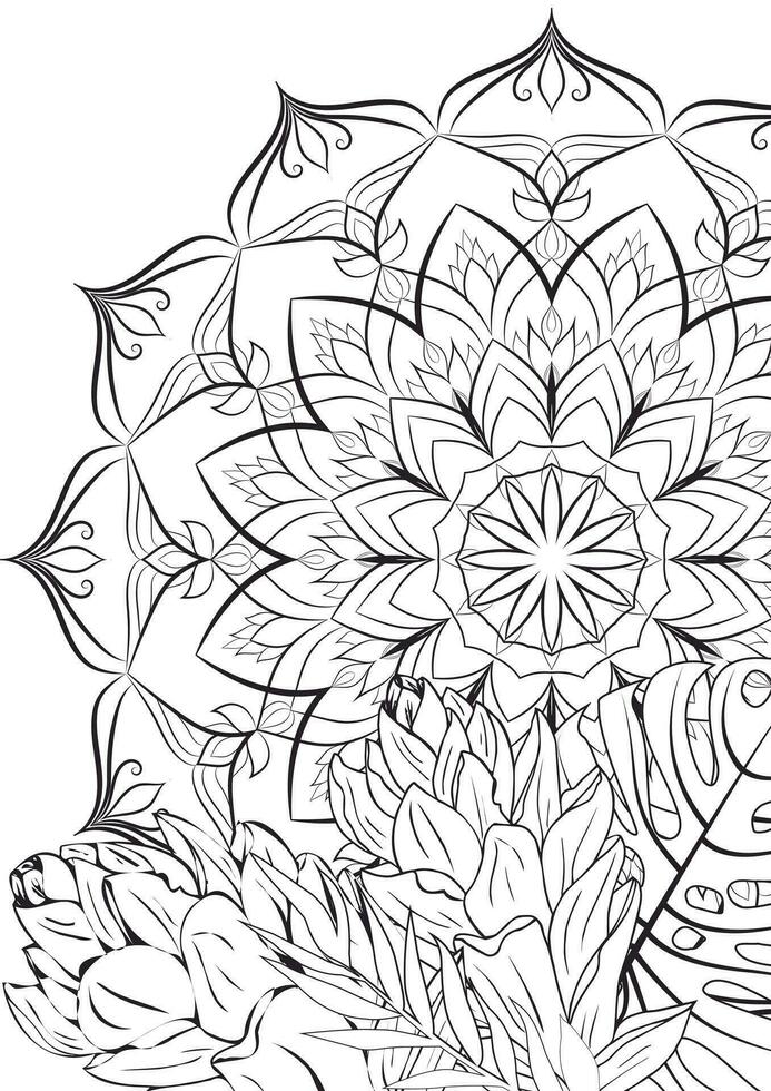 Tropical exotic flowers on the background of Mandala pattern. Coloring book page for adults. Plant outline and circular abstract pattern isolated on white background. vector