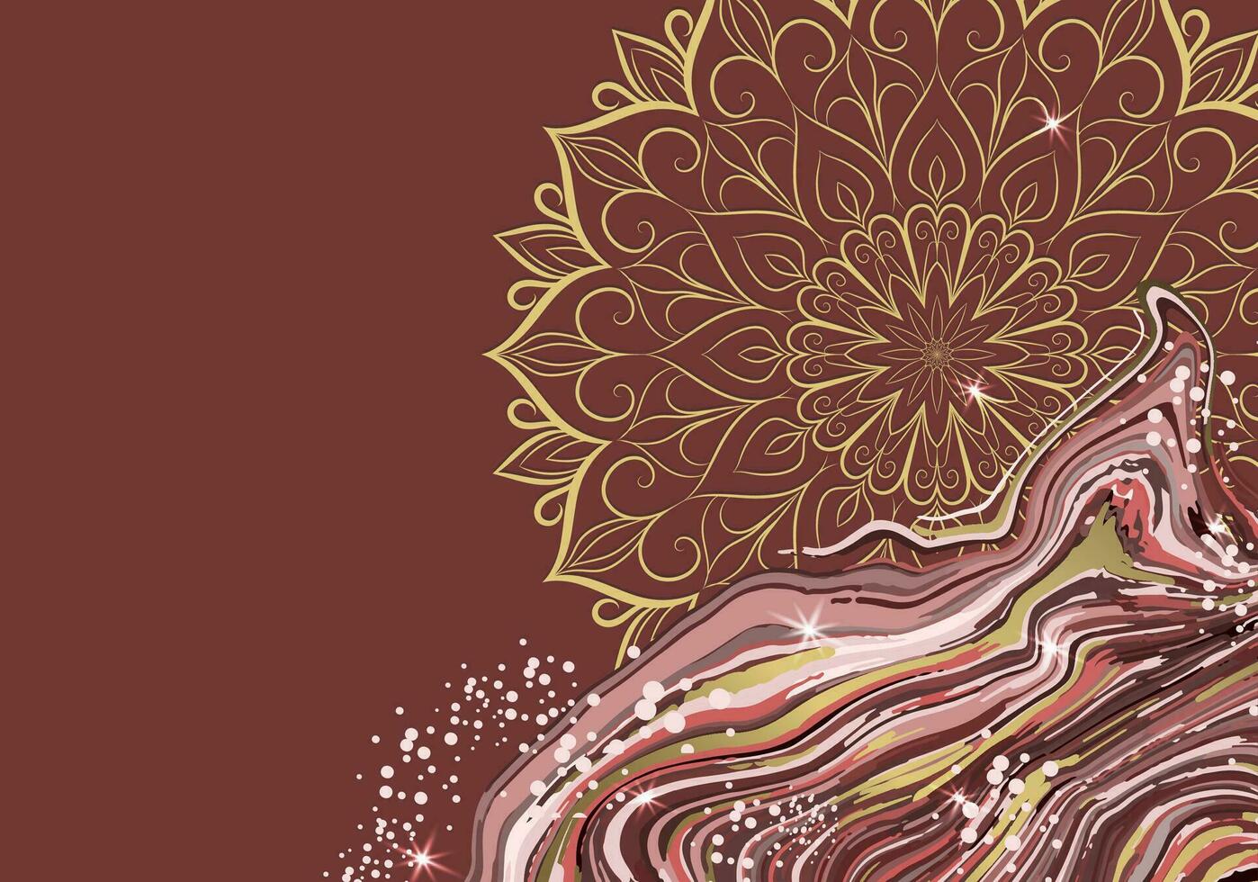 Golden Mandala on marble background with golden veins. Stylish background for decorating cards, invitations, covers, etc. Multifunctional Vector Template.