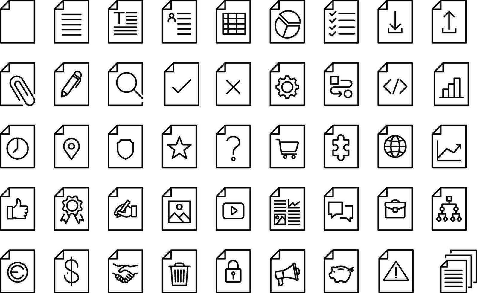 Document file icons set. Set includes icons as portfolio, editor, finance, accountant, editing, security. vector