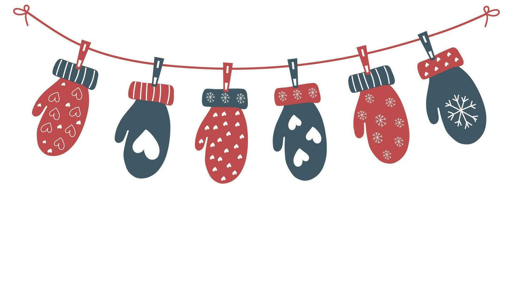 Christmas mittens are hanging on a rope. Garland of suspended mittens on a white background vector