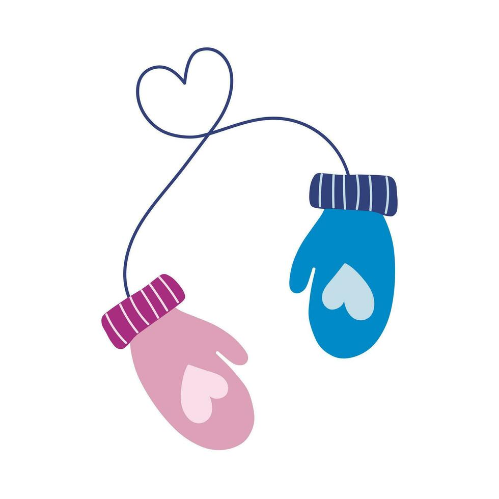 Mittens for a love couple with a heart in pink and blue. Romantic object on a white background for decoration vector