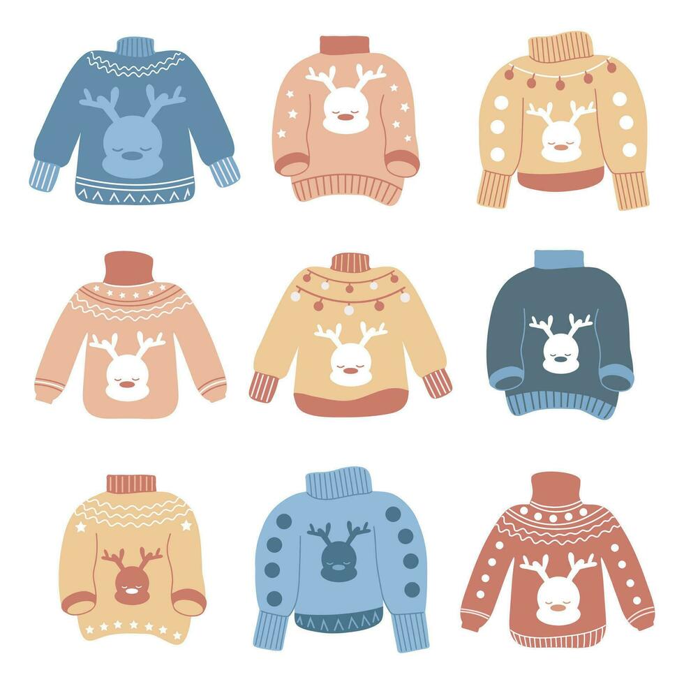 Set of ugly sweaters for Christmas with deer and different ornaments in yellow, red and blue vector