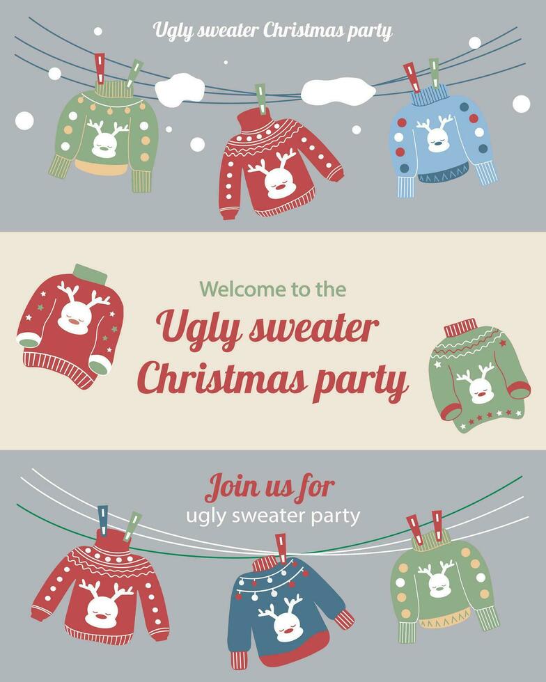 Ugly sweater party invitation. Christmas winter sweaters with different ridiculous design. Set of invitations and tickets vector