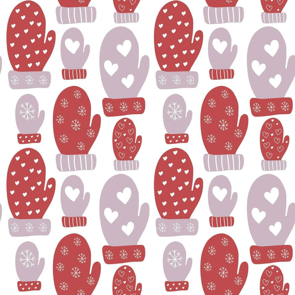 Red and purple mittens of different sizes with a winter ornament on a white background as a pattern for banners, textiles, wrapping paper, decor. Seamless pttern vector