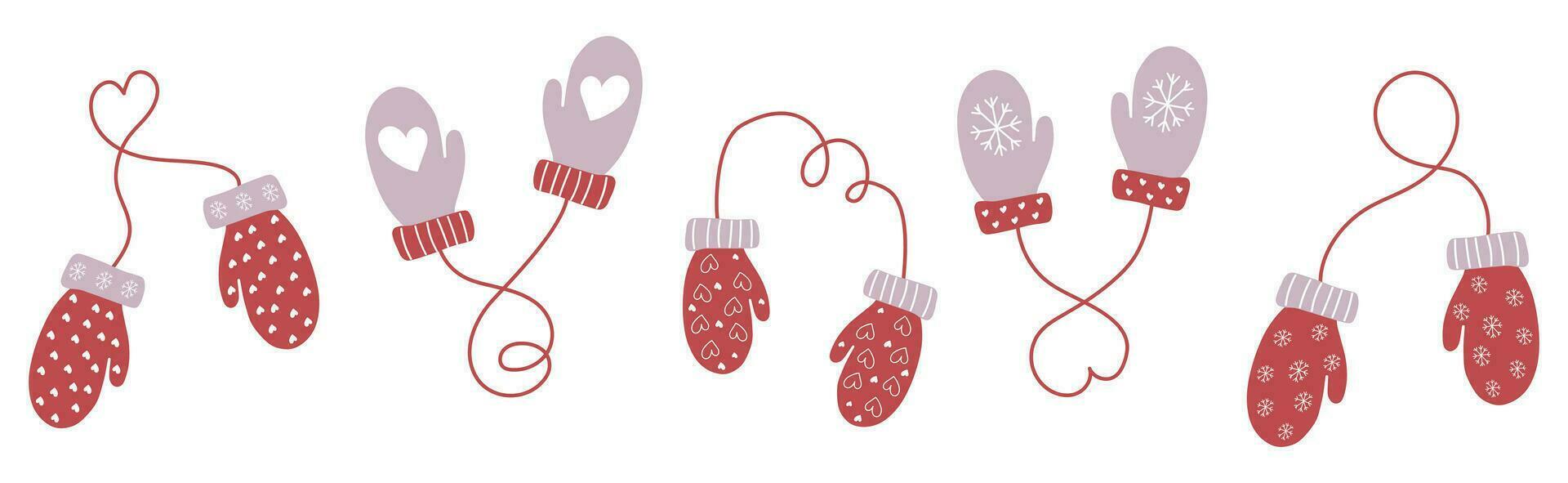 conjunto de mitones en un cuerda de rojo y púrpura colores con un invierno ornamento. linda mitones para niños o adultos vector