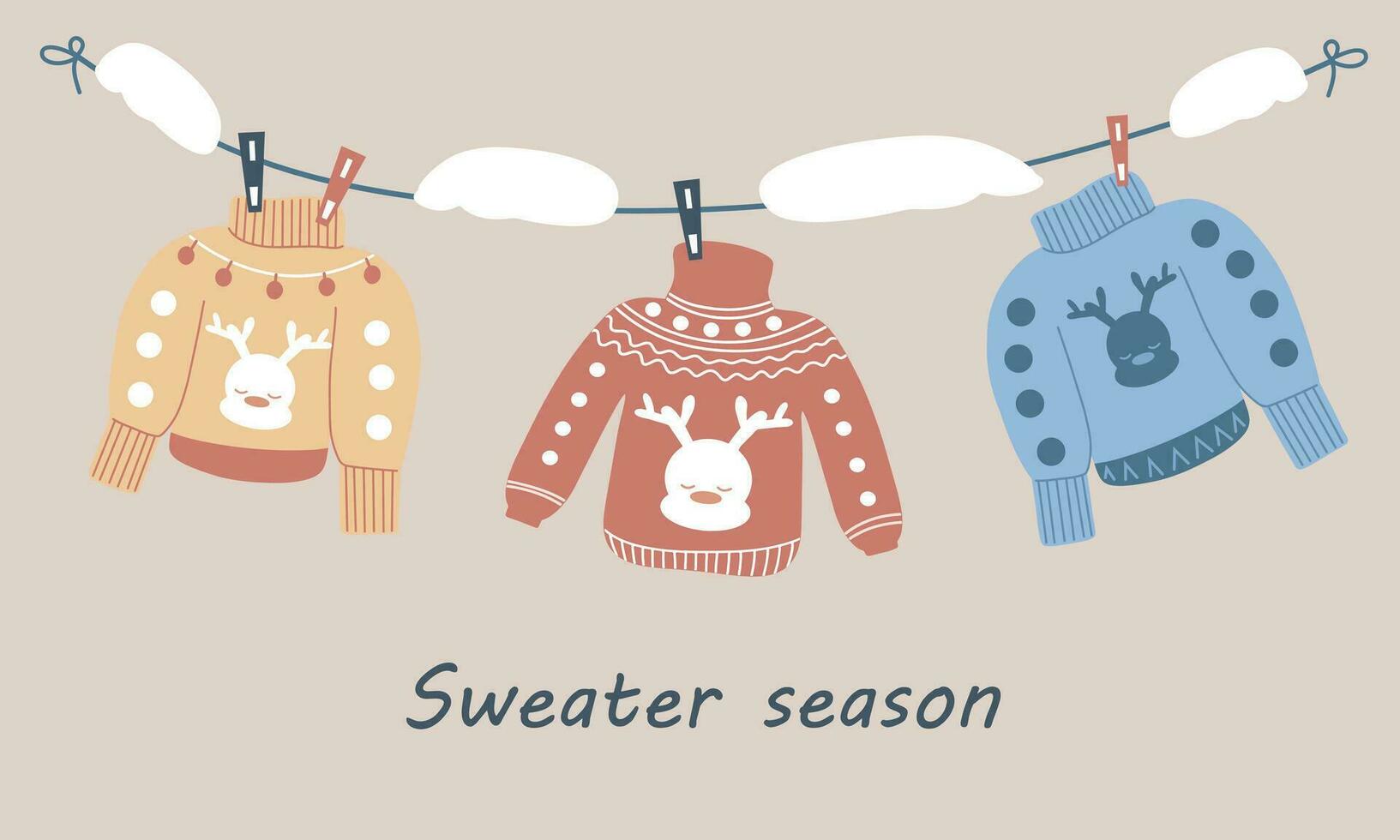 Sweaters hang on clothespins, a snowdrift on a rope. The season of winter sweaters, warmth and comfort. Warm and cozy clothes vector